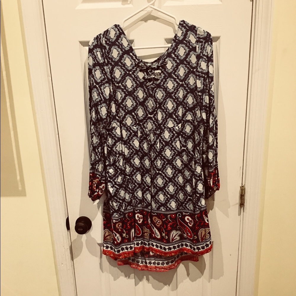 Boho black, cream and red mini dress